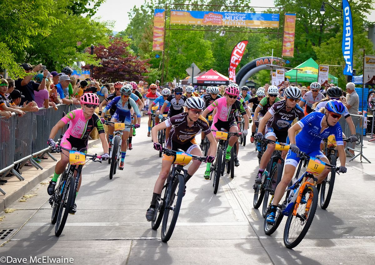 Maghalie Rochette (Clif Pro Team) leading the 2016 Fat Tire Crit that was ultimately won by Katie Compton (Trek)