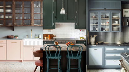 Three images of kitchens with high kitchen cabinets