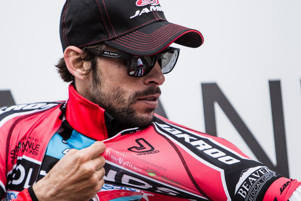 Ruben Companioni (Jamis) pulls on the sprint leaders jersey