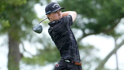 Blades Brown of the United States plays his shot from the seventh tee during the first round of the Myrtle Beach Classic at Dunes Golf &amp; Beach Club