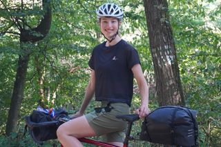 Image shows Anna wearing the Café du Cycliste Magalie Women’s Gravel Cycling Jersey.