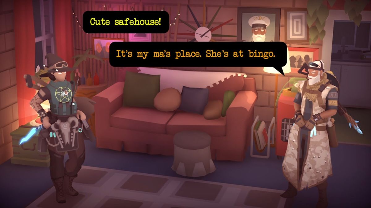 Navy Seer and Witch Cop standing in a cozy living room