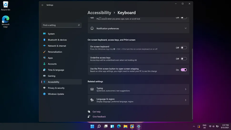 The Print Screen function in the accessibility settings under Windows 11