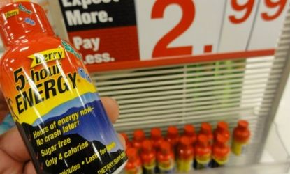5-Hour Energy shots reportedly contain about three times as much caffeine as a small can of Red Bull.