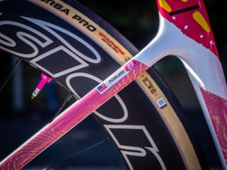 Powless' name sticker on the seat stay of the bike