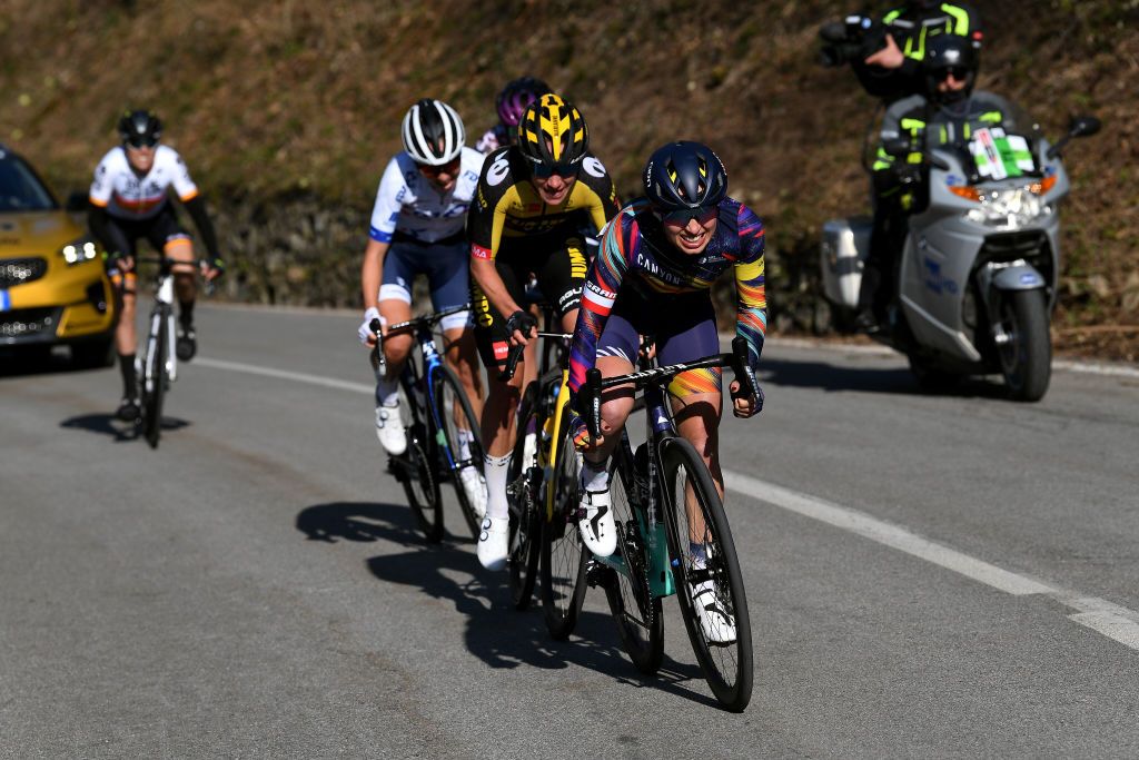 CITTIGLIO ITALY MARCH 21 Katarzyna Niewiadoma of Poland and Team Canyon SRAM Racing Marianne Vos of Netherlands and Team Jumbo Visma Cecilie Uttrup Ludwig of Denmark and Team FDJ Nouvelle Aquitaine Futuroscope Soraya Paladin of Italy and Team Liv Racing Margarita Victoria Garcia Caellas of Spain and Team Ale Btc Ljubljana during the 45th Trofeo Alfredo BindaComune di Cittiglio 2021 Womens Elite a 1418km stage from Cocquio Trevisago to Cittiglio 257m Breakaway TrBinda UCIWWT on March 21 2021 in Cittiglio Italy Photo by Tim de WaeleGetty Images