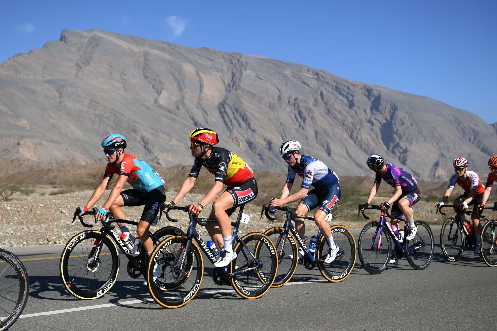 JABAL AL AKHDHAR OMAN FEBRUARY 15 LR Arjen Livyns of Belgium and Team Lotto Dstny and Tim Merlier of Belgium and Team Soudal Quick Step compete during the 12th Tour of Oman 2023 Stage 5 a 1522km from Samail to Jabal Al Akhdhar 1214m TourofOman on February 15 2023 in Jabal Al Akhdhar Oman Photo by Alex BroadwayGetty Images