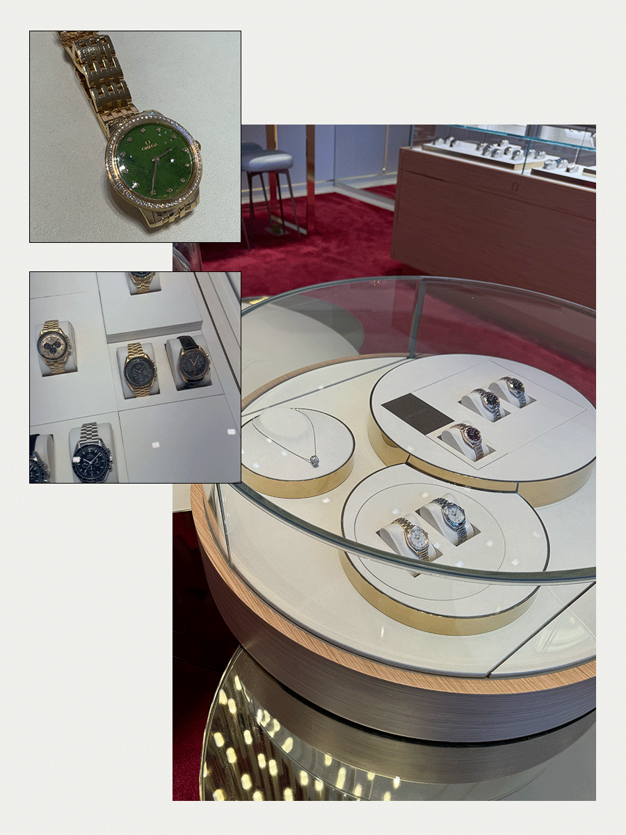 A collage of different omega watches in the store.