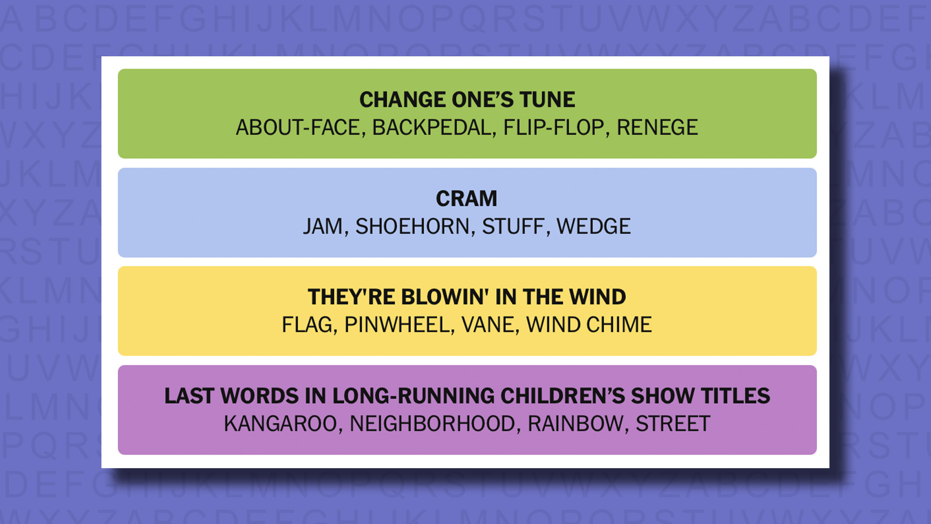 NYT Connections answers for game 829 on a purple background
