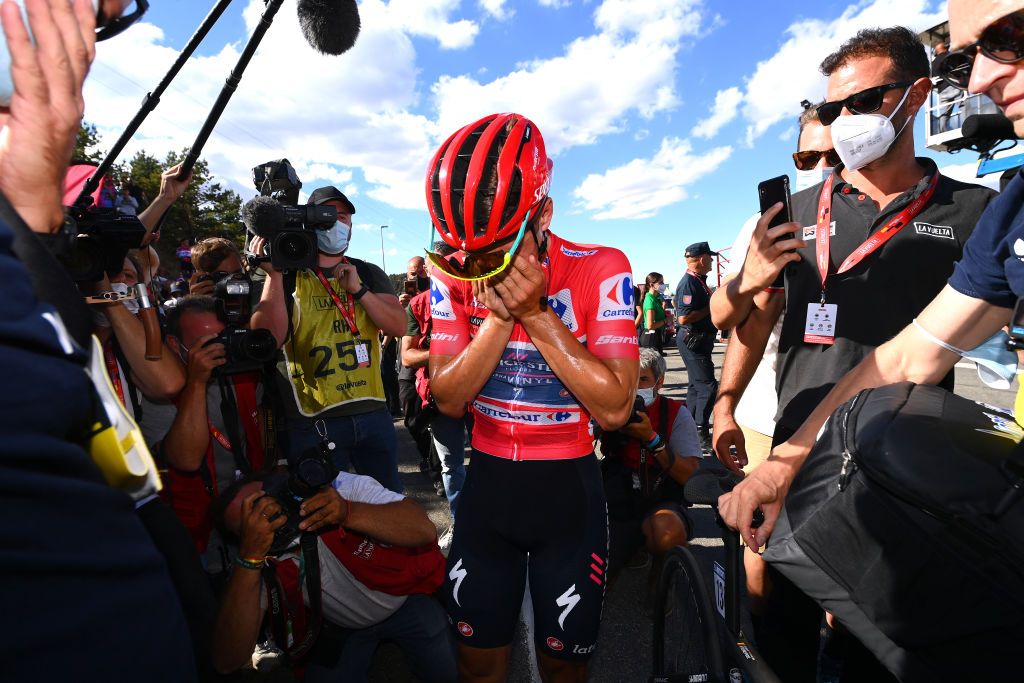 NAVACERRADA SPAIN SEPTEMBER 10 Remco Evenepoel of Belgium and Team QuickStep Alpha Vinyl Red Leader Jersey reacts after the 77th Tour of Spain 2022 Stage 20 a 181km stage from Moralzarzal to Puerto de Navacerrada 1851m LaVuelta22 WorldTour on September 10 2022 in Puerto de Navacerrada Spain Photo by Tim de WaeleGetty Images
