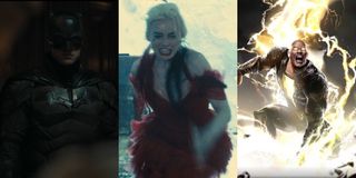 Robert Pattinson in The Batman, Margot Robbie in The Suicide Squad, and Dwayne Johnson as Black Adam, side by side.