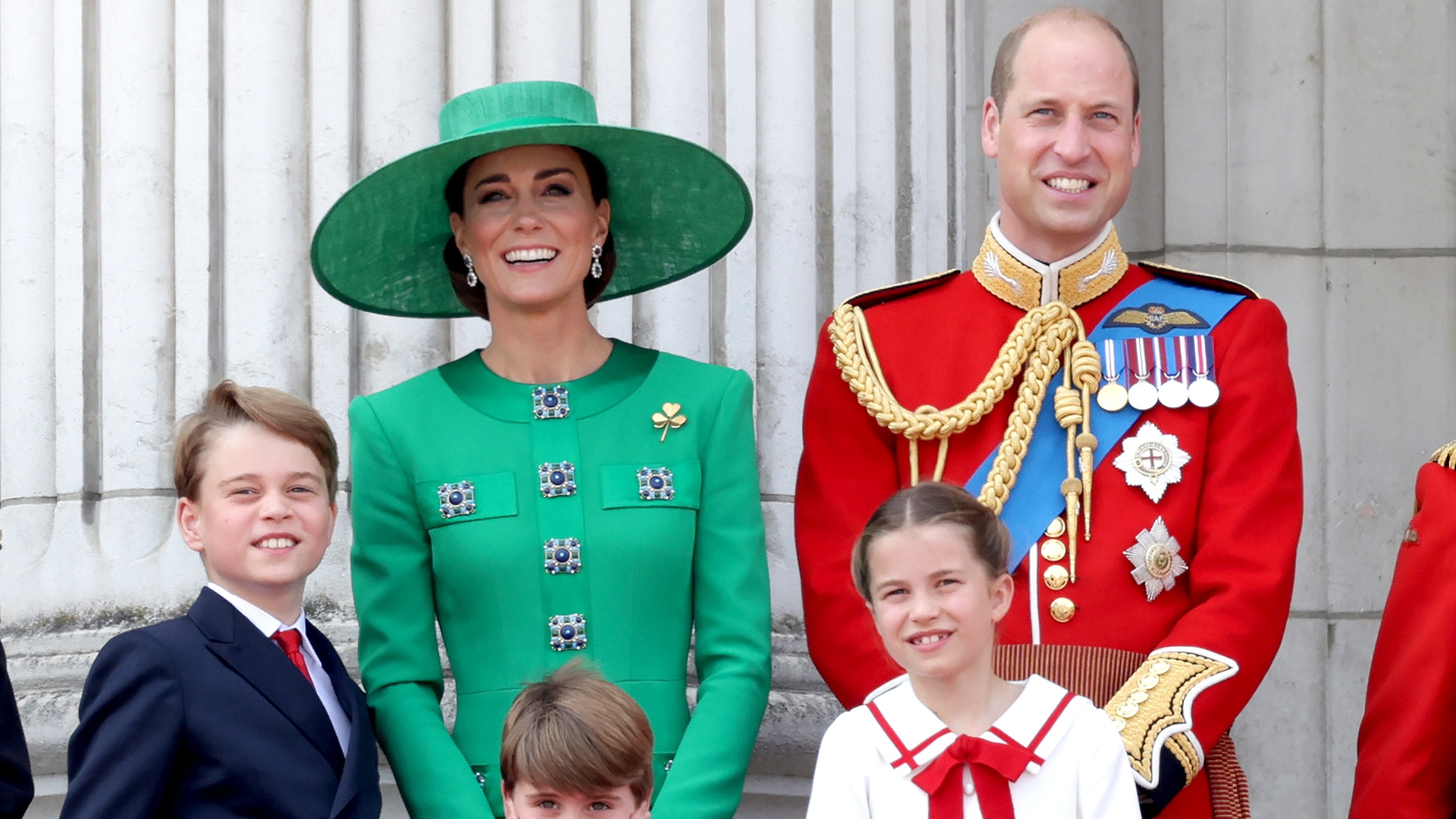 Prince William, Prince Louis of Wales, Catherine, Princess of Wales , Princess Charlotte of Wales and Prince George of Wales on the Buckingham Palace balcony during Trooping the Colour 2023
