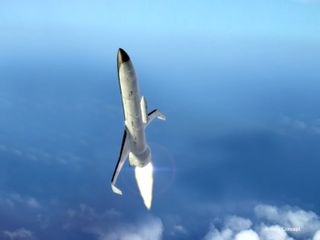 This DARPA artist's concept depicts the launch of a U.S. military XS-1 Experimental Spaceplane carrying an rocket booster and satellite payload on its back.