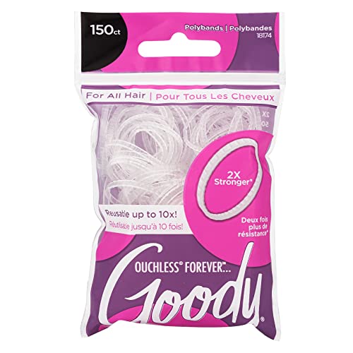 Goody Ouchless Forever Polyband Hair Ties, 150 Ct, Clear, Elastic Bands, Easy Glide, Ultra-Strong Hold Styling Accessories for Women &amp;amp; Men, Secure Hold Ridge Design, All Hair Types