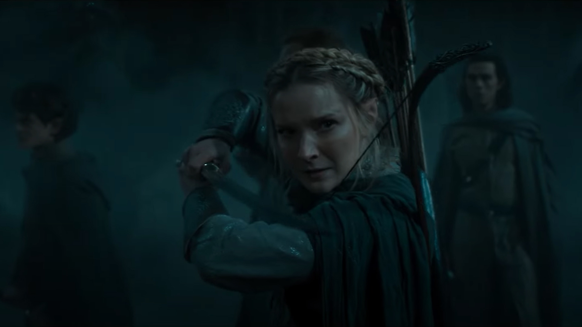 A shot of Galadriel raising her elven sword in The Rings of Power season 2