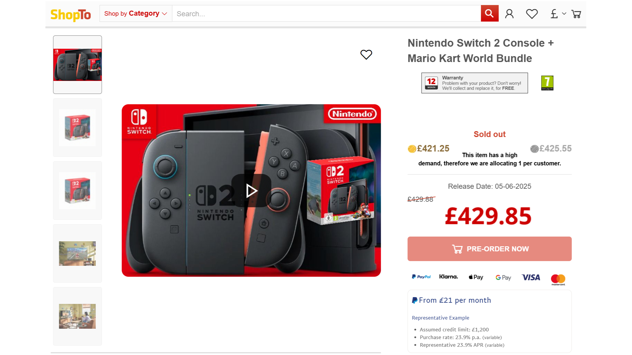 A screenshot of ShopTo's Switch 2 pre-order page.