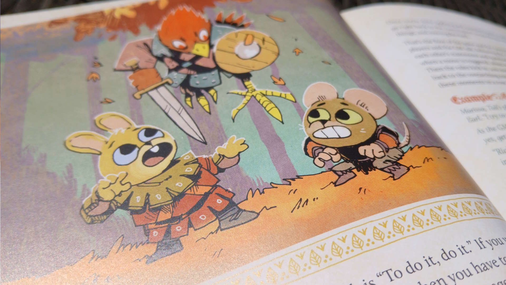 Root: The Roleplaying Game artwork showing a bird armed with a sword and shield dropping onto a rabbit and mouse, who look scared, in a woodland