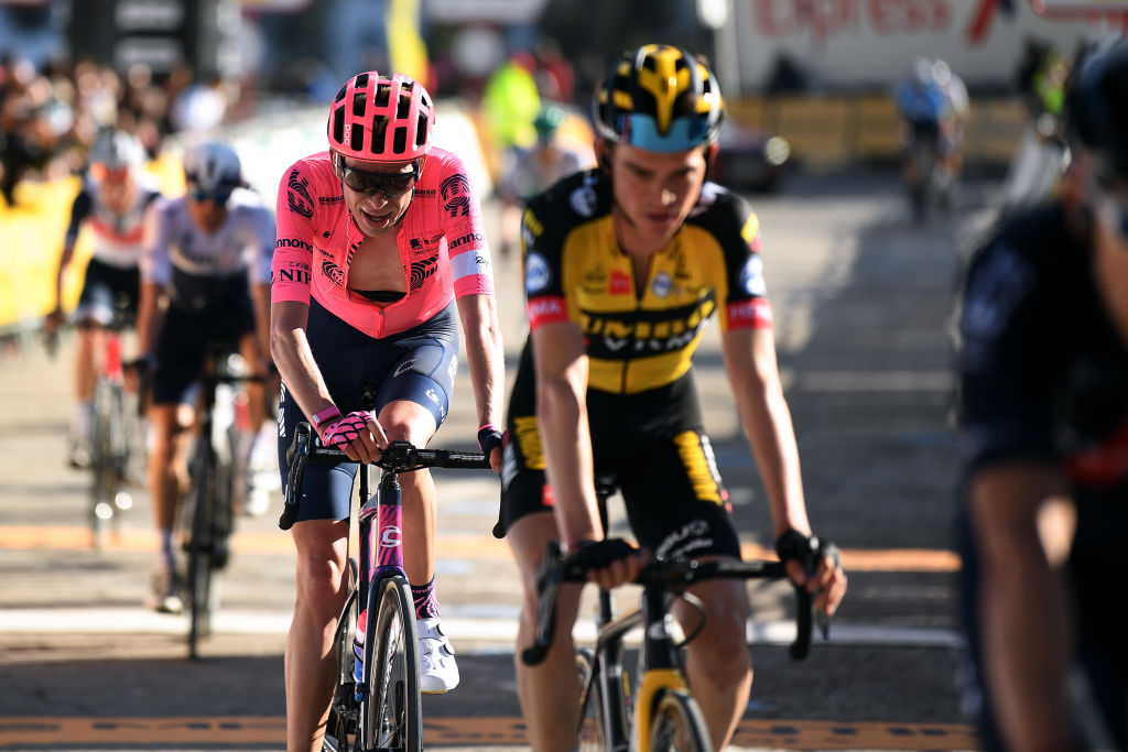 VALLTER 2000 SETCASES VALL CAMPRODON SPAIN MARCH 24 Arrival Hugh Carthy of United Kingdom and Team EF Education Nippo during the 100th Volta Ciclista a Catalunya 2021 Stage 3 a 2031km stage from Canal Olmpic de Catalunya to Vallter 2000 Setcases Vall Camprodon 2125m VoltaCatalunya100 on March 24 2021 in Vallter 2000 Setcases Vall Camprodon Spain Photo by David RamosGetty Images