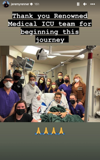 Jeremy Renner Instagram stories hosptial recovery from snowplow incident