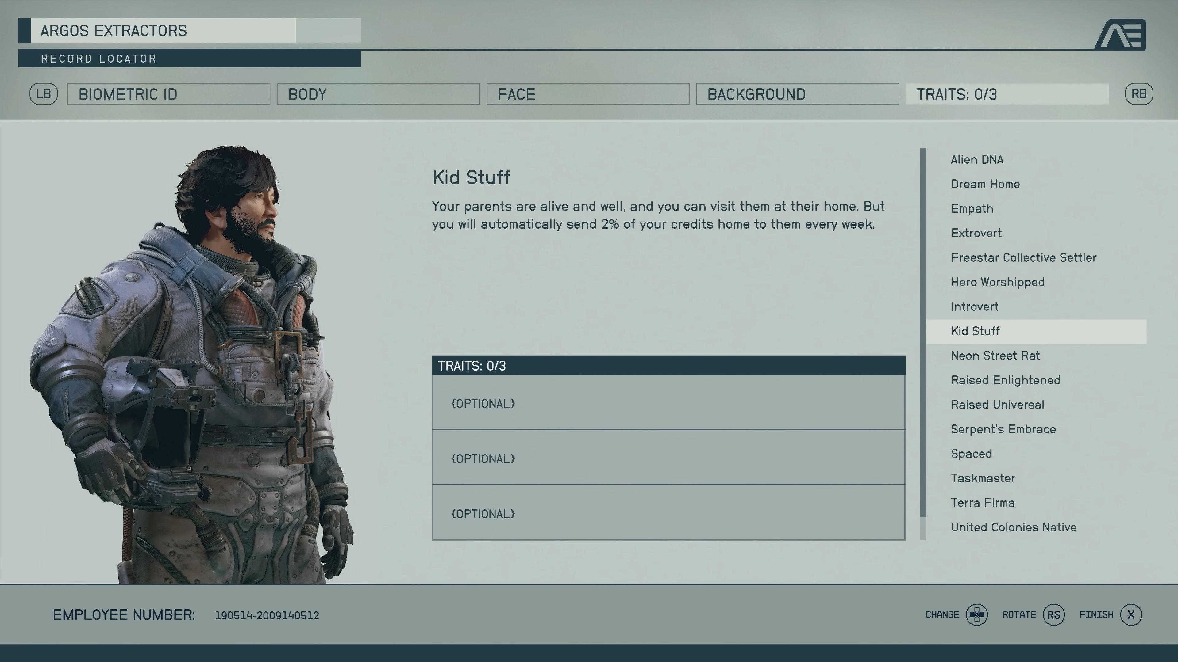 Starfield: pantalla de elección de beneficio de creación de personajes que muestra los detalles para 
