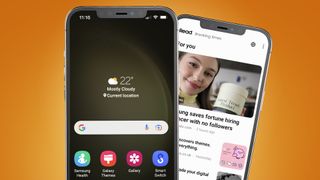 Dos iPhones sobre fondo naranja mostrando la aplicación Samsung Try Galaxy