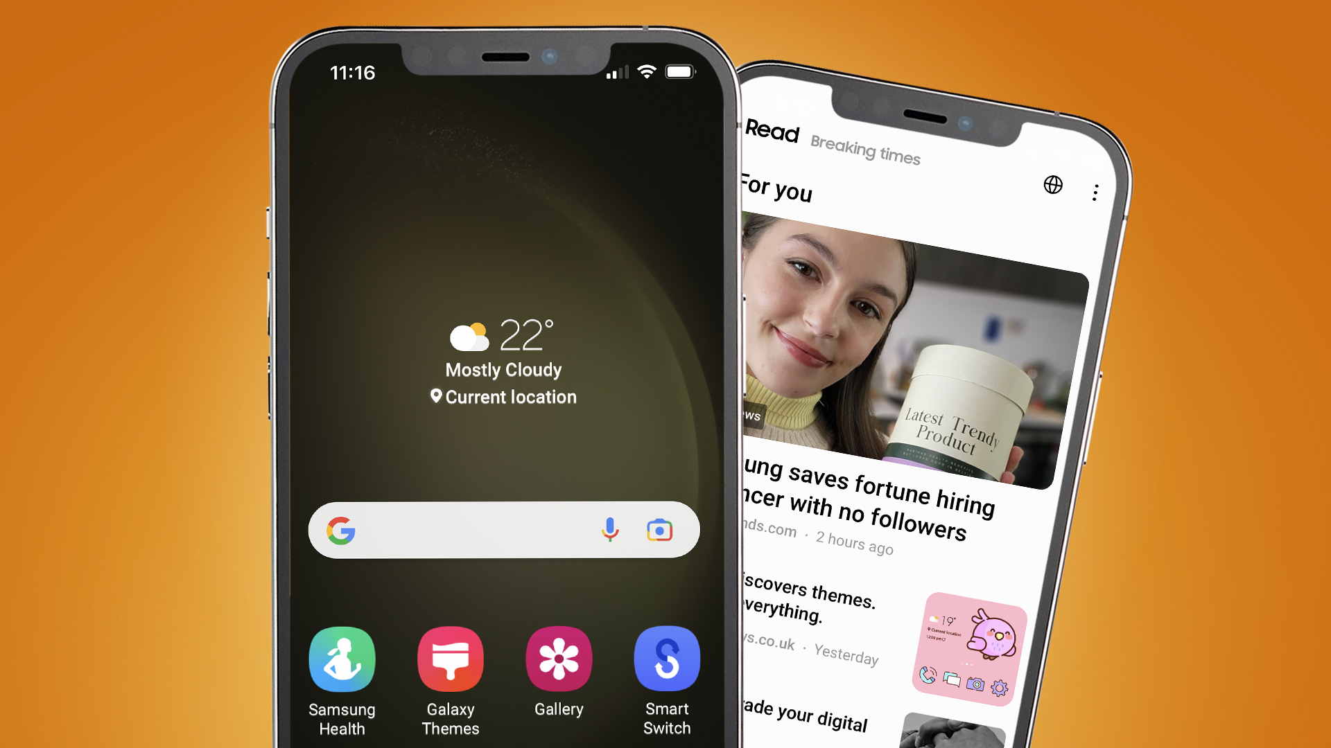 Zwei iPhones auf orangefarbenem Hintergrund mit der Samsung Try Galaxy App