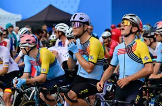 Belgian cyclist Jasper Stuyven and Belgian cyclist Remco Evenepoel pictured at the start of the men's road race at the Paris 2024 Olympic Games, on Saturday 03 August 2024 in Paris, France. The Games of the XXXIII Olympiad are taking place in Paris from 26 July to 11 August. The Belgian delegation counts 165 athletes competing in 21 sports. BELGA PHOTO DIRK WAEM (Photo by DIRK WAEM / BELGA MAG / Belga via AFP)