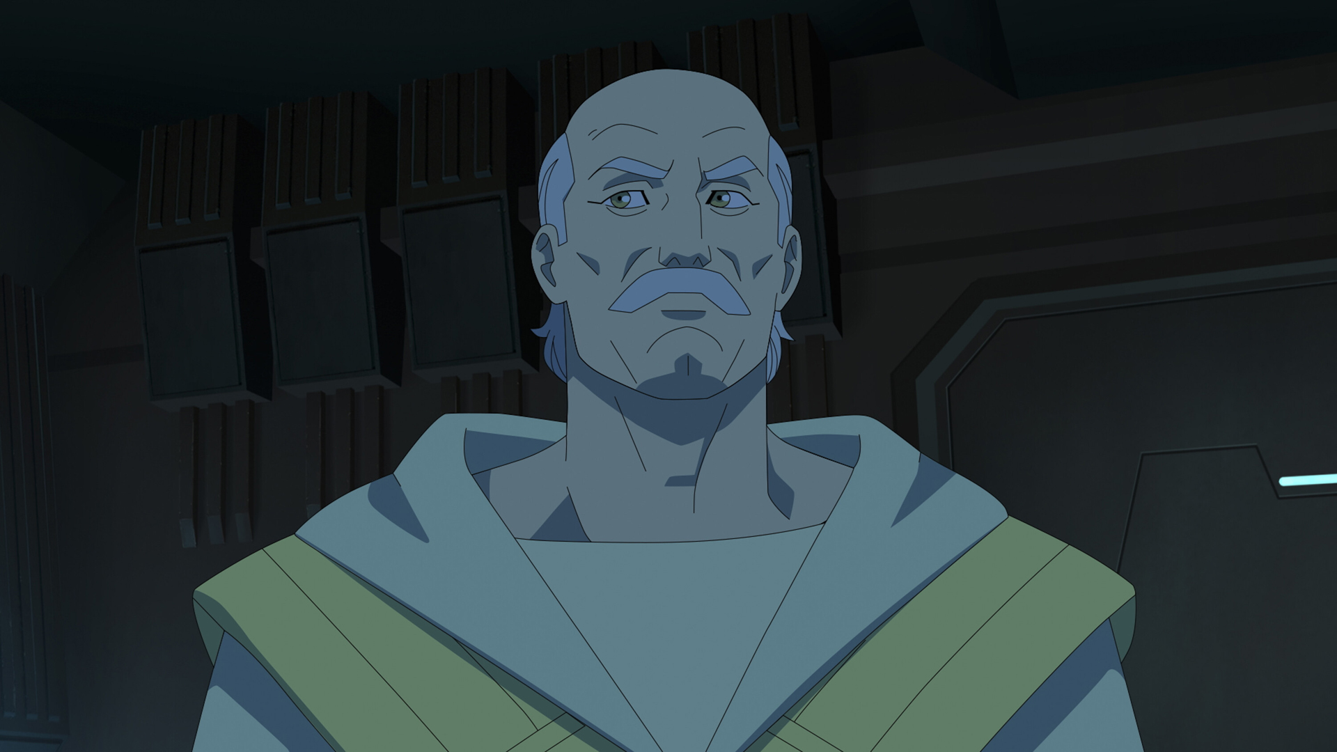 Thaedus looks behind him in a dimly lit room in Invincible season 2 part 2