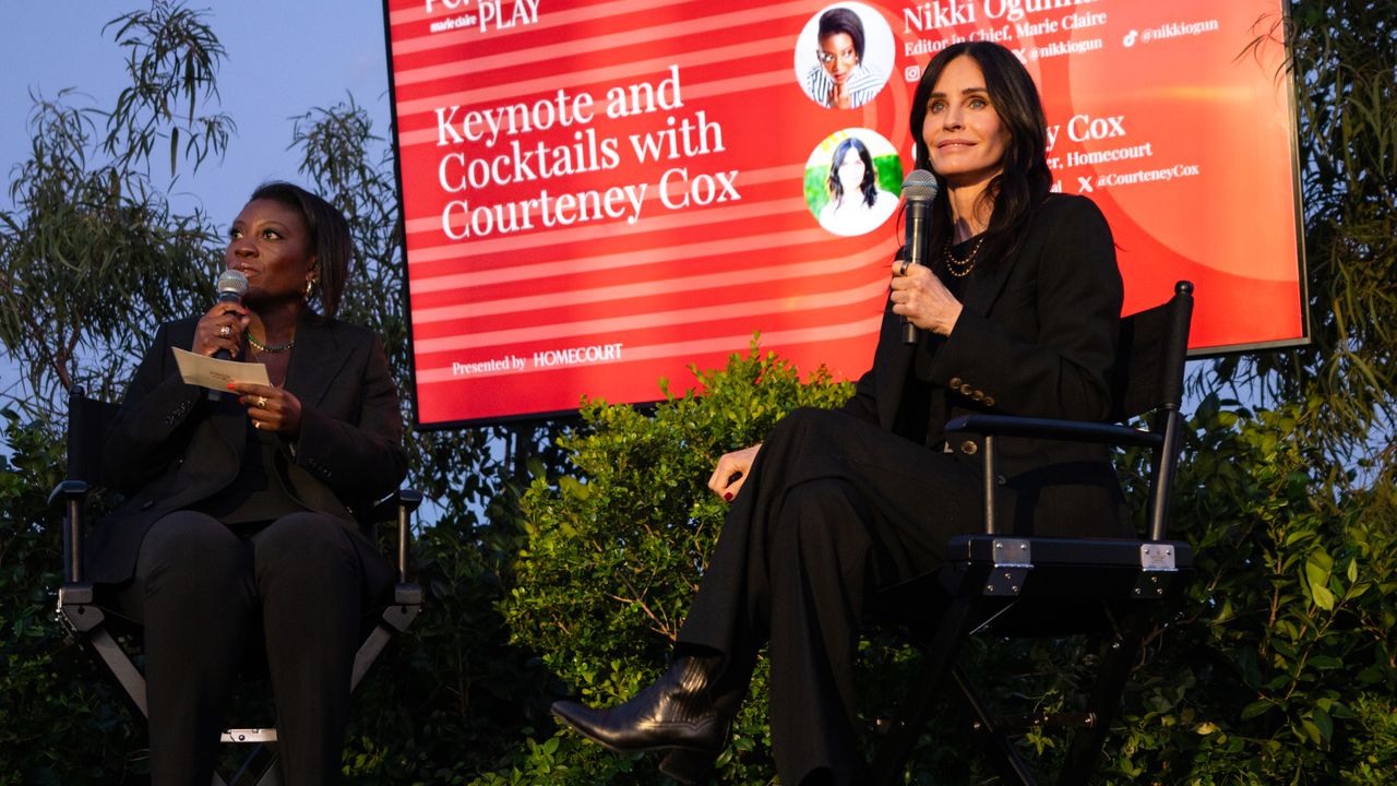 Courteney Cox and Nikki Ogunnaike onstage at the Marie Claire power play event