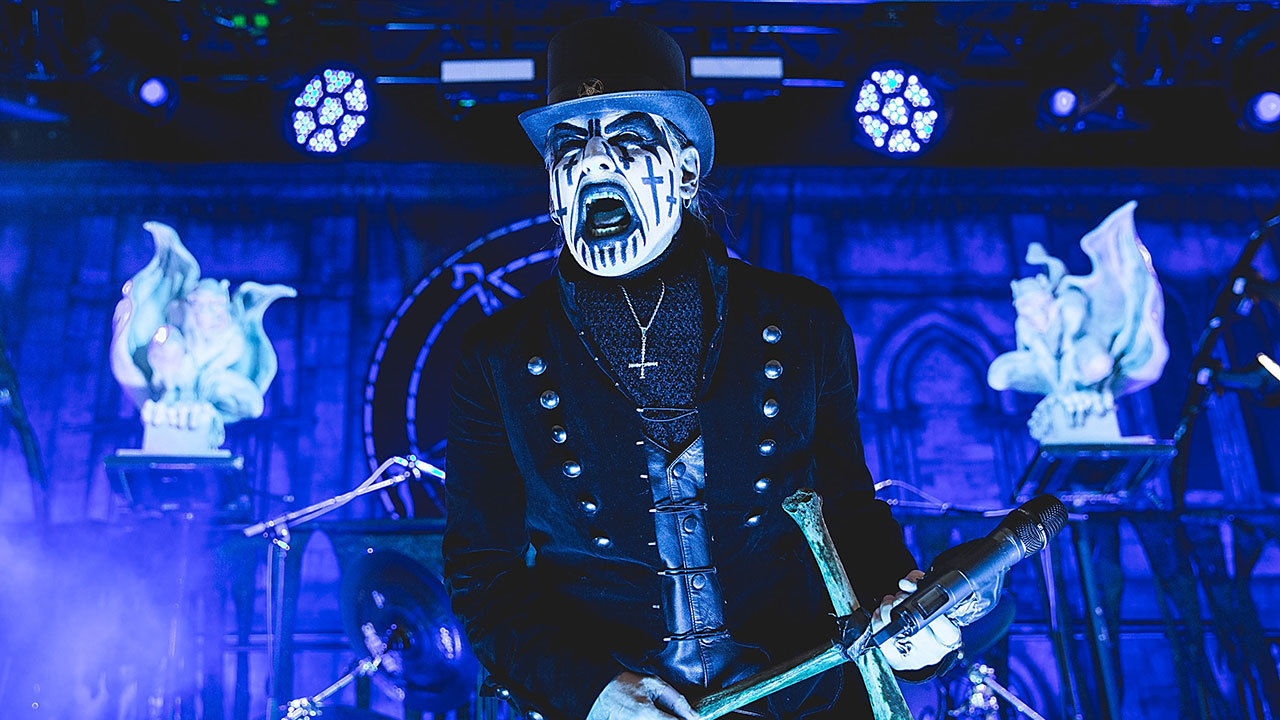 A photograph of King Diamond on stage in San Antonio in 2015