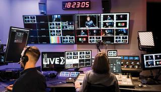 Senior Audio Engineer Nick Nagurka (L) and Head of Production Aubrey Russell in the Live X control room. 