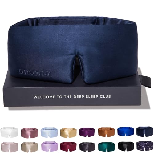 Drowsy Silk Sleep Mask - Face-Hugging, Padded Cocoon for Luxury Sleep in Total Darkness - 100% Pure Mulberry Silk, Skin-Hydrating &amp;amp; Adjustable (midnight Blue)