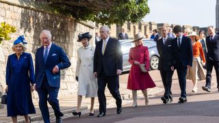 King Charles III arrives with Camilla, the Queen Consort, Princess Anne, Princess Royal, Prince Andrew, Duke of York, Sophie, Duchess of Edinburgh, Prince Edward, Duke of Edinburgh, and other members of the Royal Family to attend the Easter Sunday church service