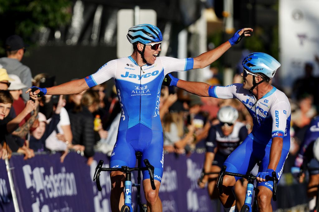 Kelland O&#039;Brien and Blake Quick of Jayco AlUla celebrate taking first and second in the elite men&#039;s criterium at the AusCycling Road National Championships 2023