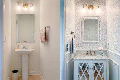 Before and After of DIY bathroom wainscoting
