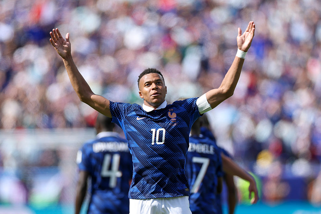 Kylian Mbappe celebrates scoring his team's first goal during the FIFA World Cup 2026 Group I match between France and Senegal at New York