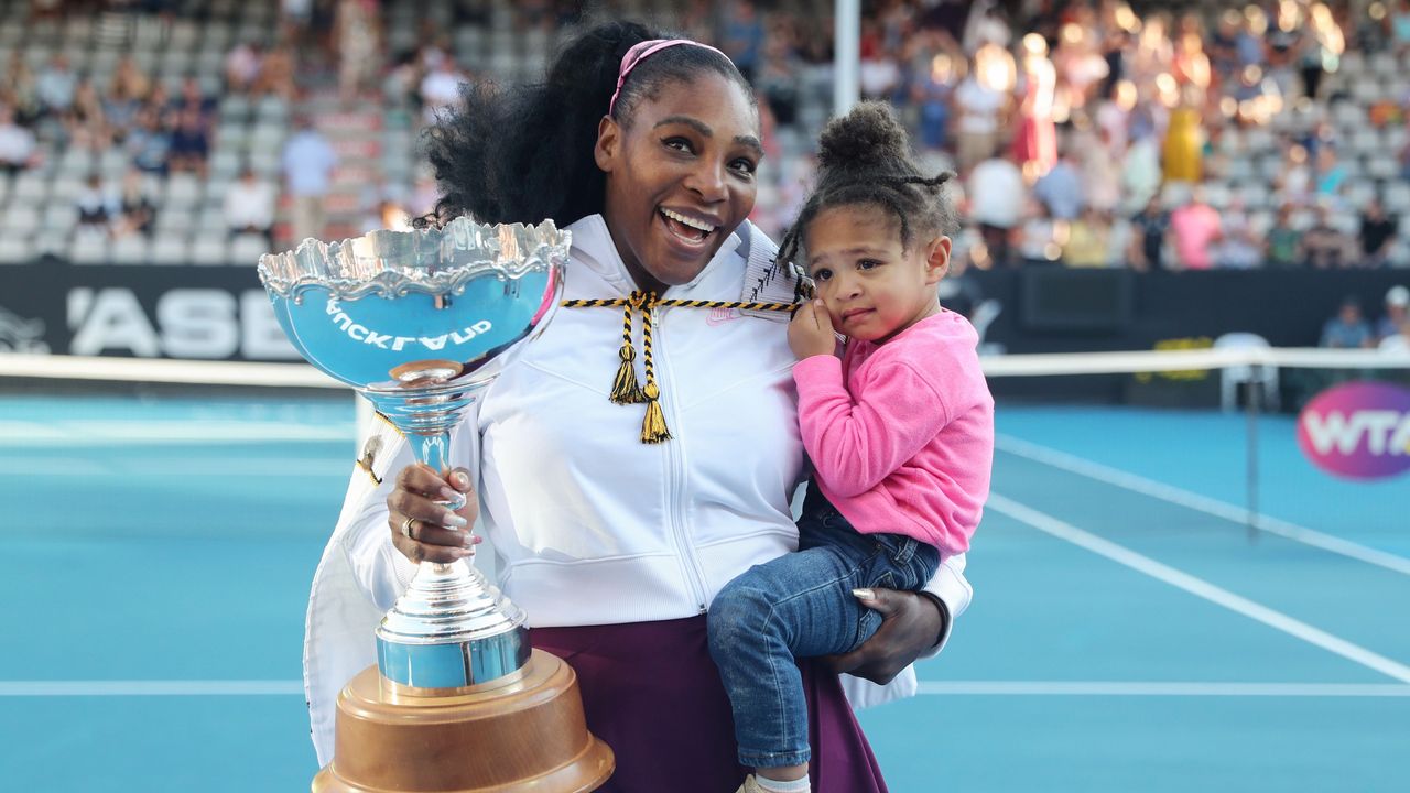 serena williams of the us with her daughter alexis olympia after her win against jessica pegula of the us during their womens singles final match during the auckland classic tennis tournament in auckland on january 12, 2020 photo by michael bradley afp photo by michael bradleyafp via getty images