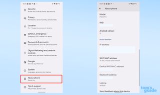 Screenshots from a Google Pixel 6 Pro, showing where to find the IMEI number in the Settings app