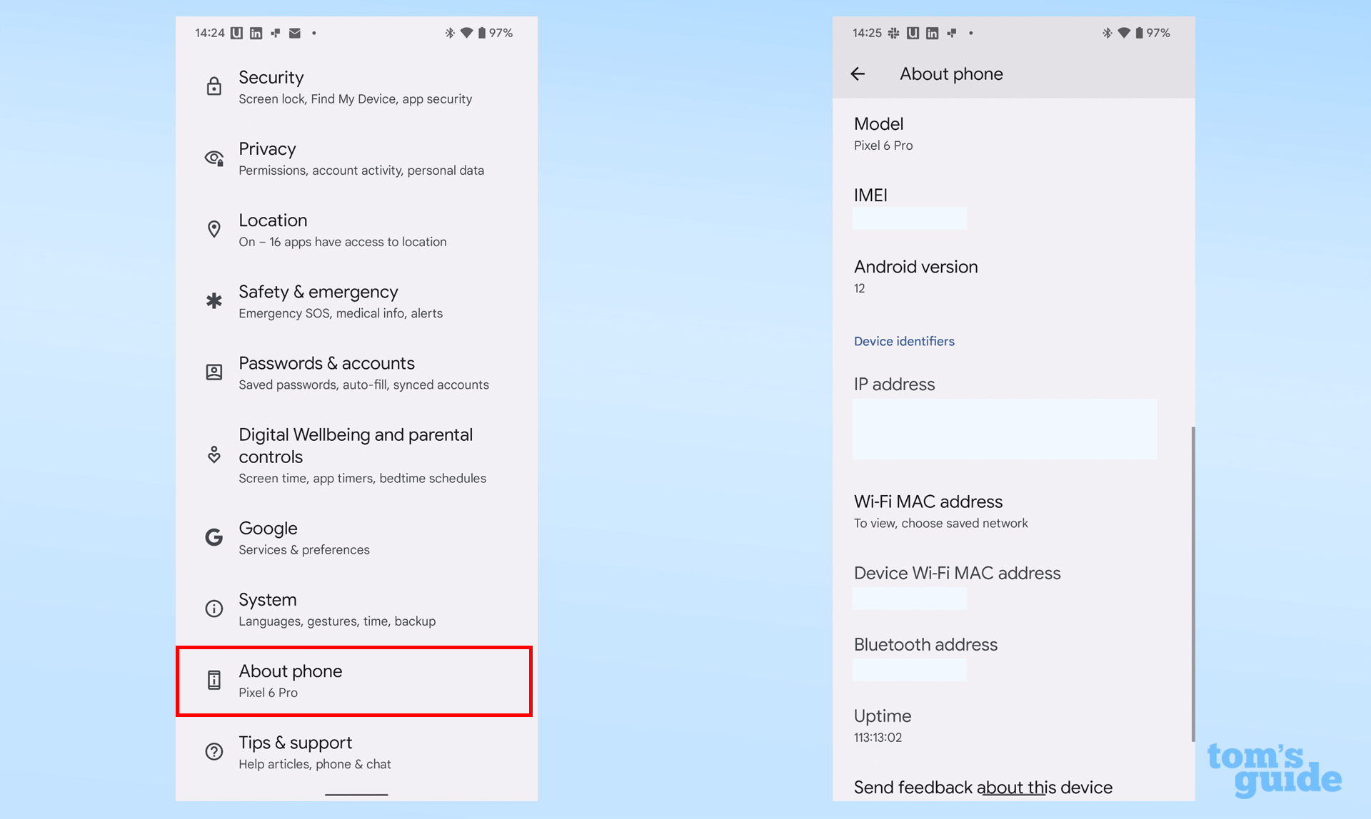 Screenshots from a Google Pixel 6 Pro showing where to find the IMEI number in the Settings app