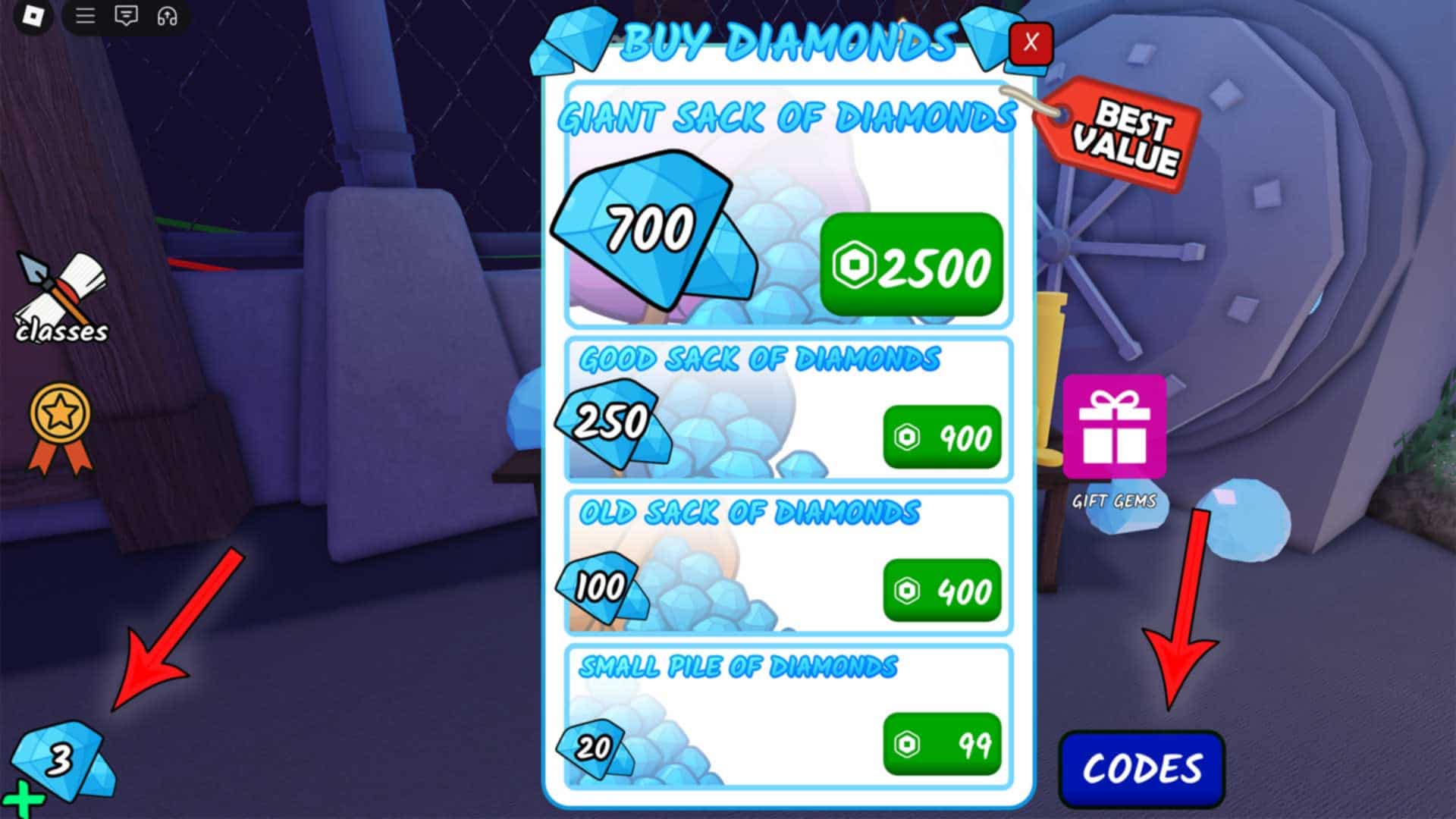 The 'buy diamonds' menu from 99 Nights in the Forest. The menu to buy diamonds with Robux takes up most of the screen, but there's a blue 'codes' button in the bottom-right side that is highlighted by an edit with a red box.