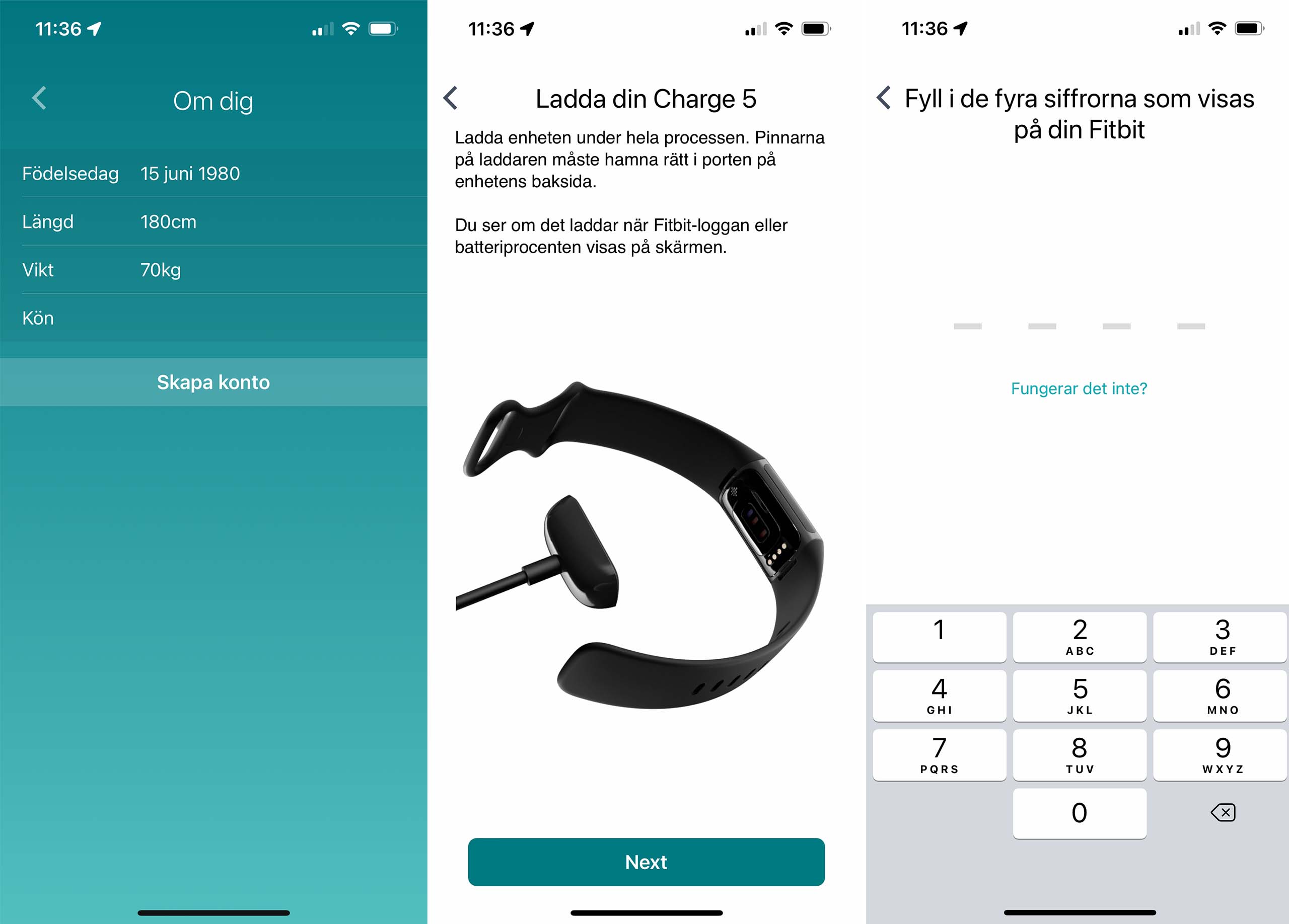 Skärmdumpar från Fitbit-appen som visar hur man ställer in sin Fitbit.