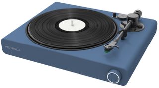 Victrola Stream Onyx turntable in blue on a white background