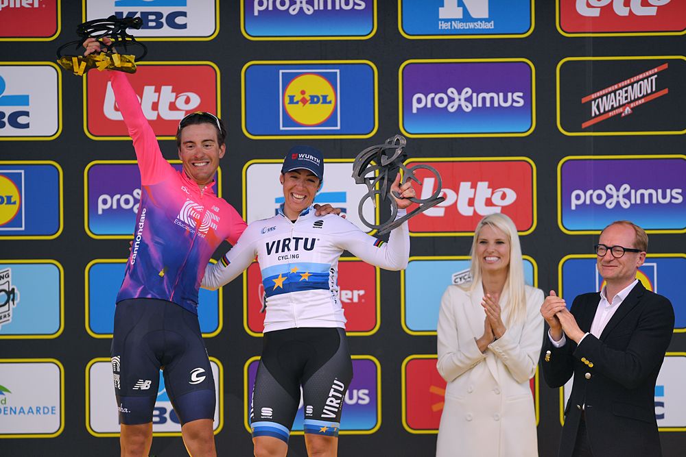 Alberto Bettiol (EF Education First) and Marta Bastianelli (Virtu) celebrates winning men's and women's Tour of Flanders