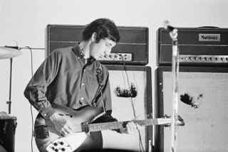 Guitarist Pete Townshend performing with English rock group The Who, in Felixstowe, Suffolk, 9th September 1966.