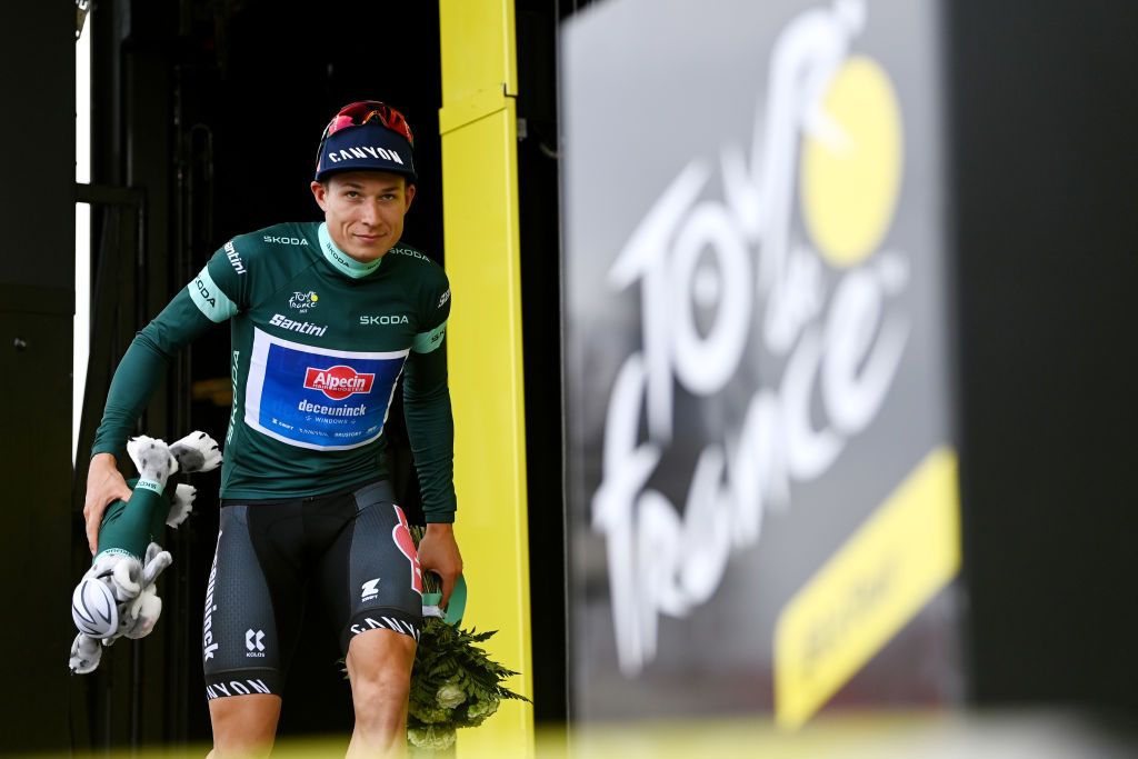 NOGARO FRANCE JULY 04 Jasper Philipsen of Belgium and Team AlpecinDeceuninck celebrates at podium as Green Points Jersey winner during the stage four of the 110th Tour de France 2023 a 1818km stage from Dax to Nogaro UCIWT on July 04 2023 in Nogaro France Photo by Tim de WaeleGetty Images