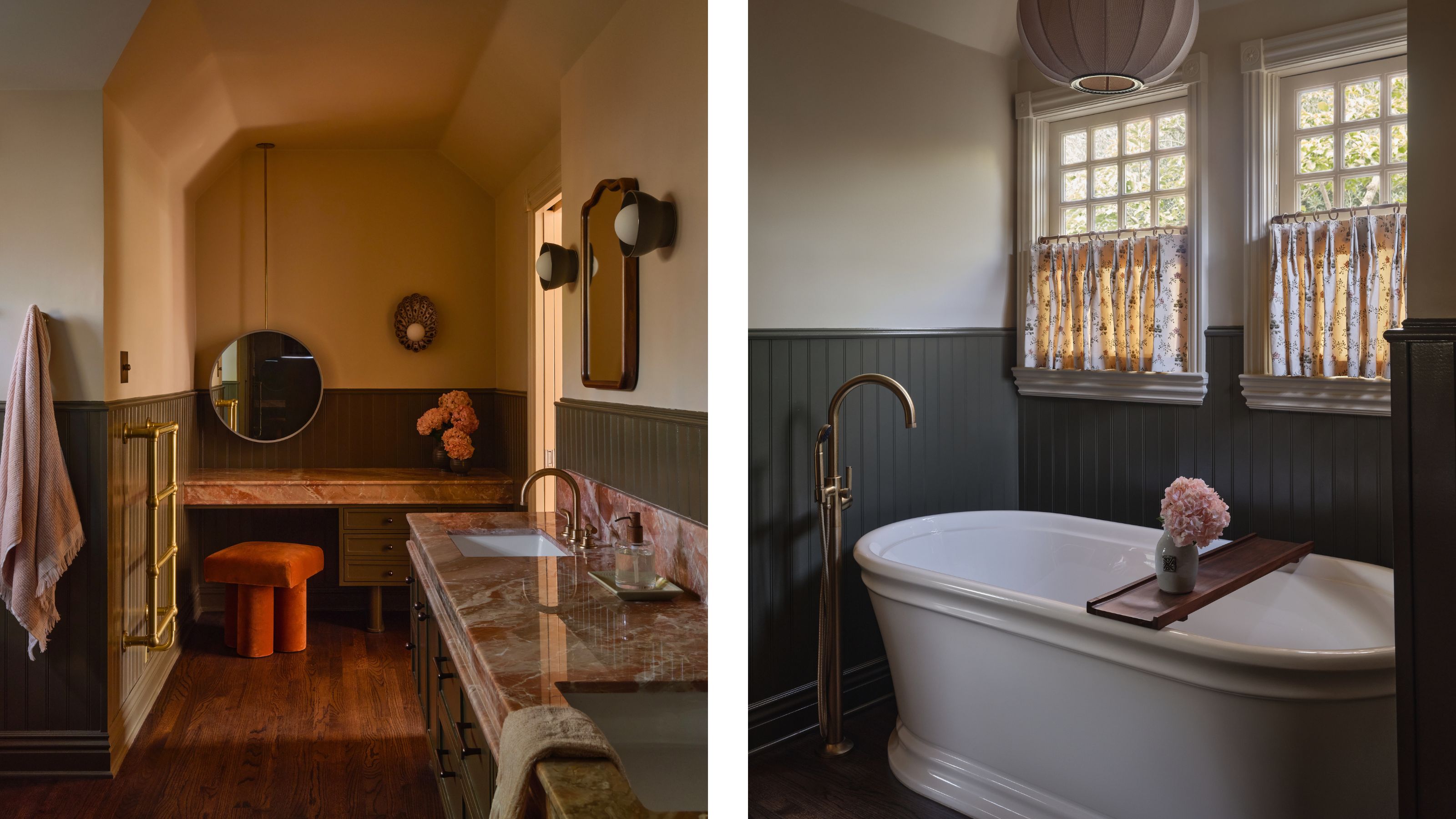 two side by side images of an earthy bathroom with half height green paneled walls, pink marbled vanity, and a freestanding bathtub