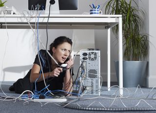 Woman with cable mess