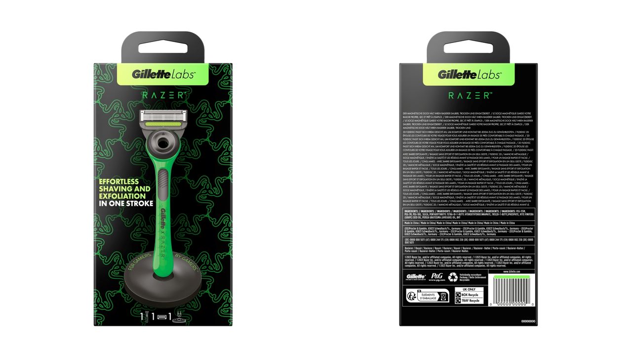 Razer-branded GilleteLabs with Exfoliating Bar box front and back