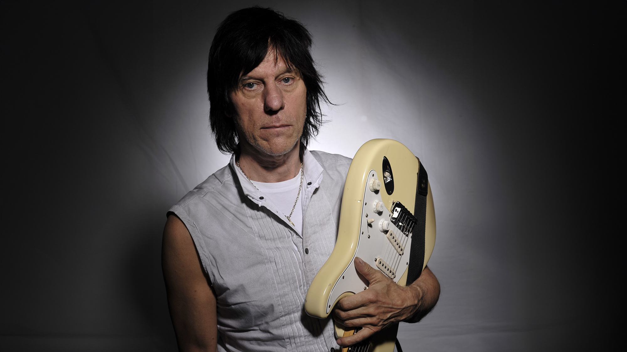 English rock guitarist Jeff Beck of the bands The Yard Birds and The Jeff Beck Group. During a portrait shoot with his Fender Stratocaster guitar on May 13, 2009.