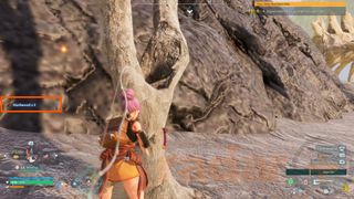 The player character chops down a tree and obtains some Palworld hardwood.
